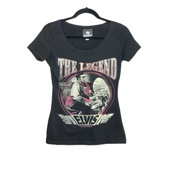 Graceland Elvis Motorcycle The Legend black scoop neck graphic tee - Picture 1 of 9
